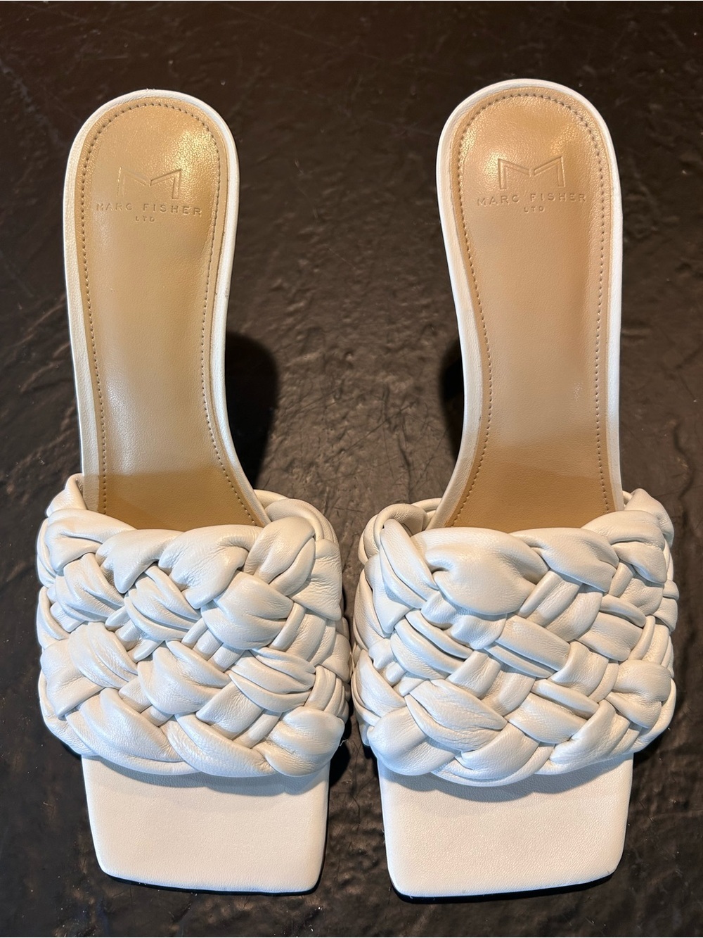 Marc Fisher Ltd Draya White Leather Woven Square-Toe Slide Sandals Size 9M